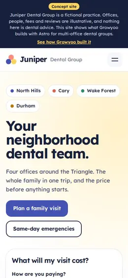 Juniper Dental Group website on mobile