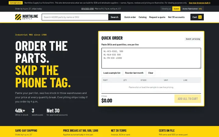 Northline Supply — WordPress B2B Ecommerce Catalog Example homepage on desktop
