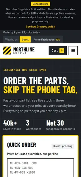 Northline Supply — WordPress B2B Ecommerce Catalog Example homepage on a phone