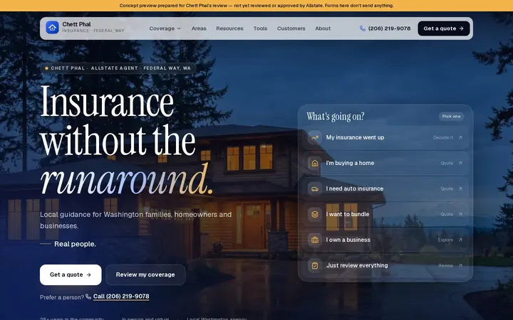 Chett Phal Insurance website on desktop