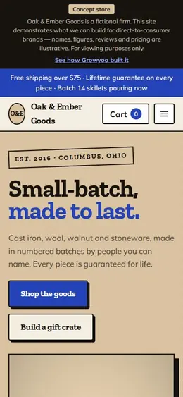 Oak & Ember Goods website on mobile