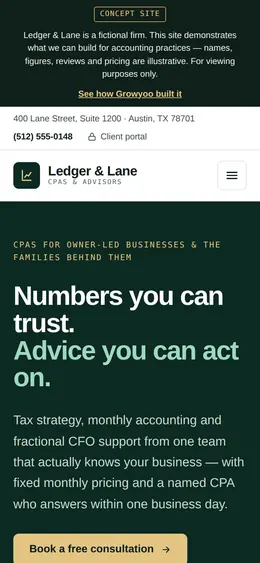 Ledger & Lane website on mobile
