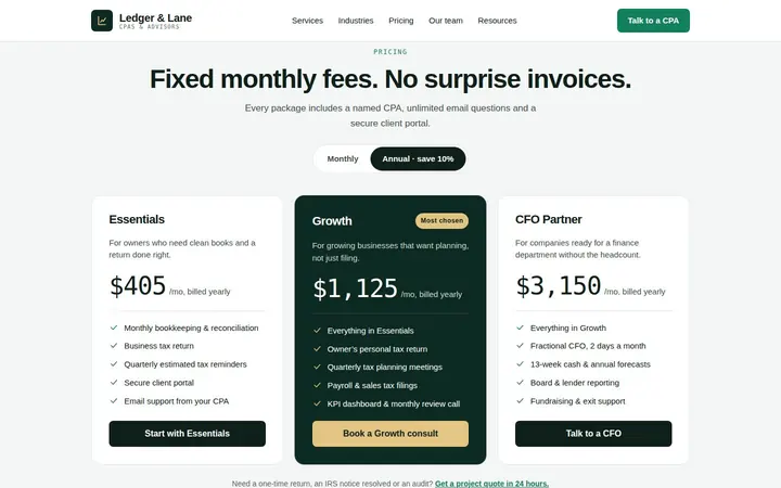 Fixed monthly packages with a monthly/annual toggle on the Modern CPA Firm Website