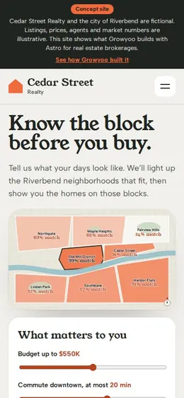 Cedar Street Realty website on mobile
