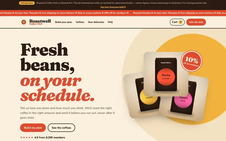 Roastwell Coffee Club website on desktop