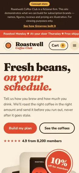 Roastwell Coffee Club website on mobile