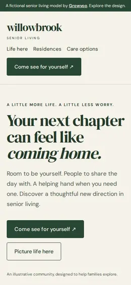 Willowbrook Senior Living website on mobile